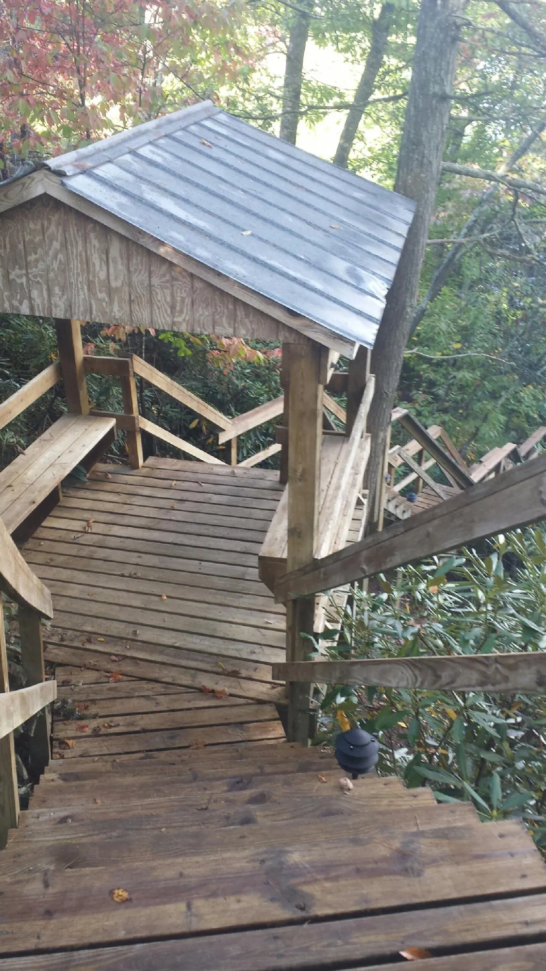 Metal roofed shelter over wooden steps on a wooded walkway — Skylight Repair & Installation work by our crew in Horatio